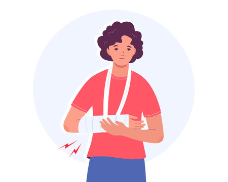 Young woman with broken arm. Woman with plaster in arm sling bandage. Flat vector illustrationのイラスト素材