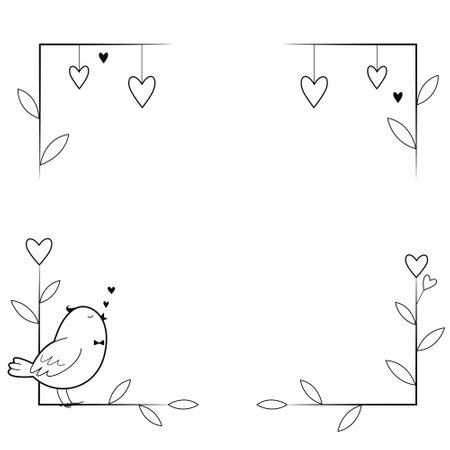 Romantic frame template for Valentines Day or wedding party theme. Songbird and hearts. Outline frame for invitation card, celebration and holidaysのイラスト素材