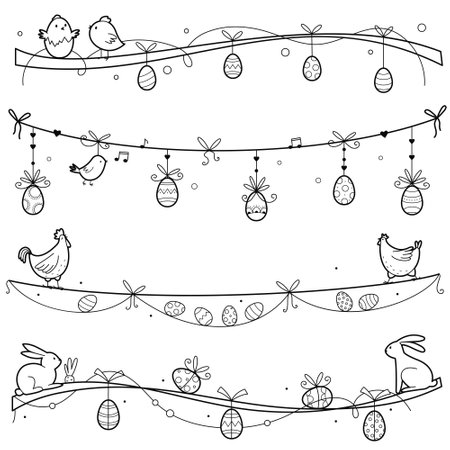 Frames with easter eggs. Set of simple border. Easter decoration with painted eggs. Outline illustration, isolated on white backgroundのイラスト素材