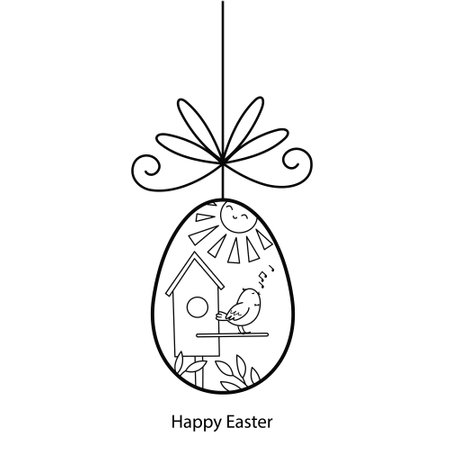 Easter egg. Birdhouse and bird. Design element for card. Outline illustration isolated on white background.のイラスト素材