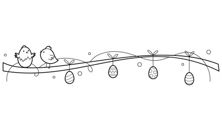Easter decoration with painted eggs. Chickens and Easter eggs. Outline illustration, isolated on white backgroundのイラスト素材