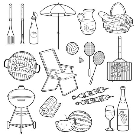 Picnic elements Illustrations set. Wicker picnic basket, barbecue, plaid. Outline vector illustration, isolated on white background.のイラスト素材