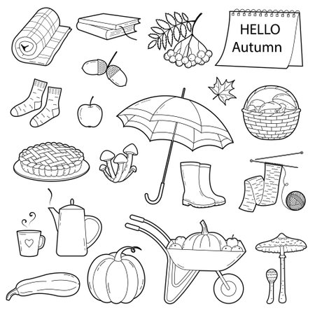 Autumn set of seasonal objects. Outline illustration, isolated on white background, design elements or page of childrens coloring bookのイラスト素材