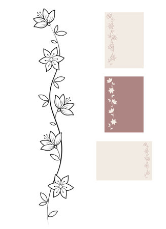 Vertical black and white decorative flowers flowers garland. Floral vignette. Outline illustration, isolated on white background, design elementsのイラスト素材