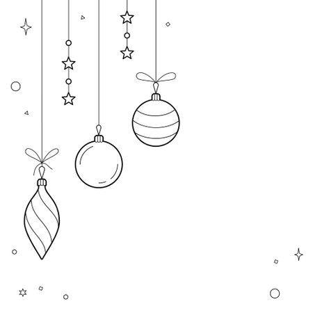 Corner frame template. Christmas corner frame with Christmas tree toys. Christmas decorations black on white background. Outline vector illustrationのイラスト素材