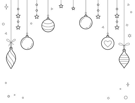 Christmas rectangular frame with Christmas tree toys. Rectangular frame template. New Year decorations. Outline vector illustration on white background.のイラスト素材