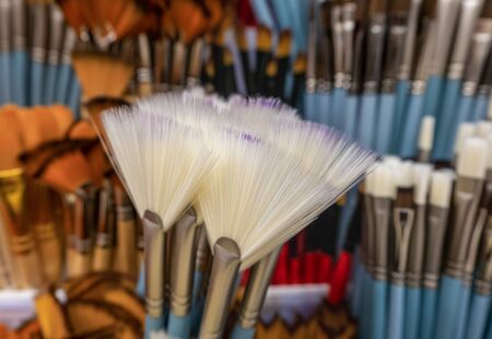 A set of brushes for painting from natural and artificial hair. Selective focus. Blurred background. horizontal orientation.の写真素材