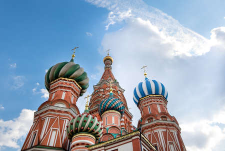 Moscow, Russia - June 25, 2020. A close-up of the domes of St. Basil's Cathedral. Horizontal orientation, selective focus.のeditorial素材