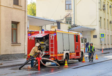 St. Petersburg, Russia: September 19, 2020. A special fire service vehicle at the scene. Horizontal...