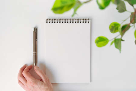 Top view mockup of an open blank notebook on spiral, leaves of houseplant and an automatic pen adjusted by female hand. Selective focus, soft focus. Copy space. White background.の写真素材