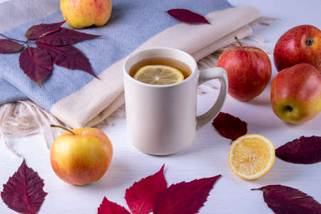 Autumn composition of ceramic mug with hot tea with lemon, soft warm scarf in pastel colors, dry autumn leaves and ripe apples. Selective focus.の写真素材