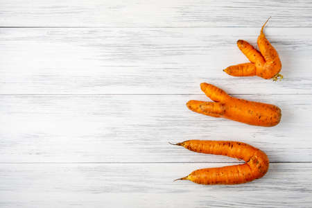 Top view close-up of several ripe orange ugly carrots lie on a light wooden surface with copy space...