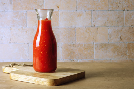 A glass jar bottle with homemade tomato sauce stands on a wooden cutting board on the table....