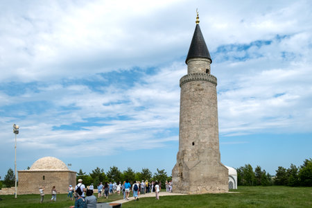 Bolgar, Historical and architectural reserve, Tatarstan, Russia - May 24, 2023. Khans tomb and mosque, ancient buildings of the 14th century. Tourism, historical heritage. Selective focus.のeditorial素材