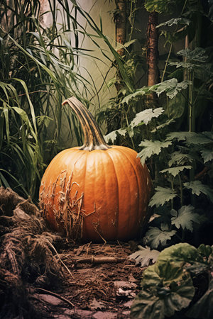 Close-up of ripe orange pumpkins in a field. Autumn, harvest. Selective focus. AI Generated.....の素材