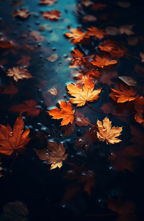 Close-up of fallen maple leaves in an autumn puddle after rain. Autumn, fading, leaf fall. Selective focus. AI generathed...の写真素材