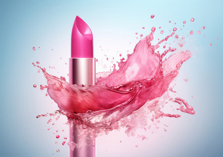 Pink lipstick with splashes and splashes of rose water. commercial image style. Generative AI content.の素材