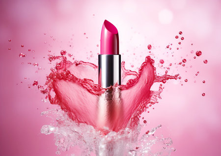 Pink lipstick with splashes and splashes of rose water. commercial image style. Generative AI content.の素材