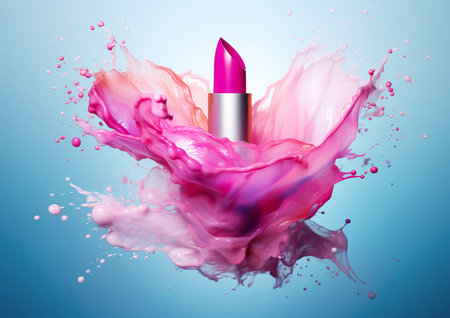 Pink lipstick with splashes and splashes of rose water. commercial image style. Generative AI content.の素材