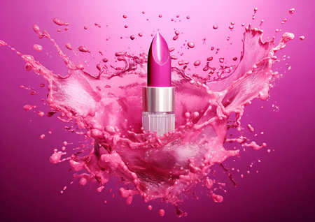 Pink lipstick with splashes and splashes of rose water. commercial image style. Generative AI content.の素材