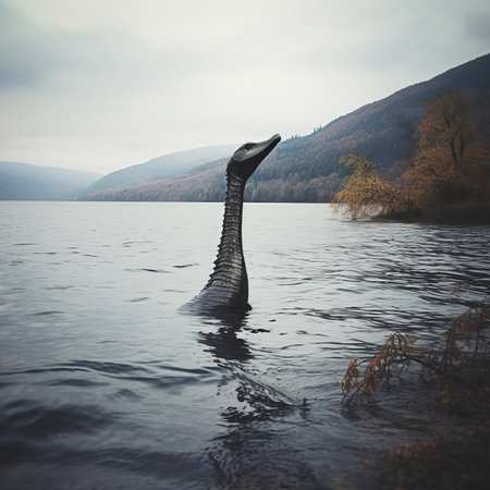 A mysterious monster or lizard floats on Loch Ness. selective focus. AI generated.の素材