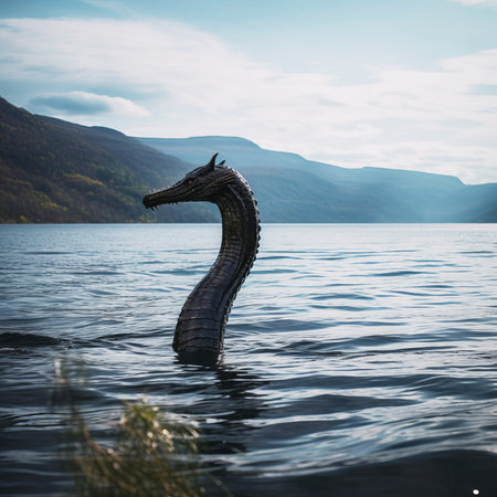 A mysterious monster or lizard floats on Loch Ness. selective focus. AI generated.の素材
