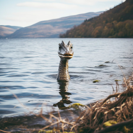 A mysterious monster or lizard floats on Loch Ness. selective focus. AI generated.の素材