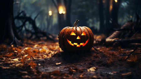 Pumpkin Jack-O-Lantern outdoor. Sinister atmosphere. Selective focus. AI generated.の素材