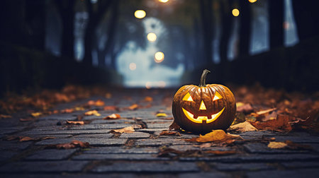 Pumpkin Jack-O-Lantern outdoor. Sinister atmosphere. Selective focus. AI generated.の素材