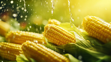 Close-up of fresh ripe corn cobs with water drops. AI generated. Selective focus.の素材