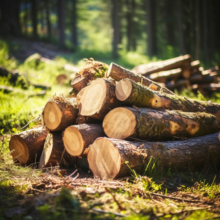 Close-up felled and sawn tree trunks stacked on the outskirts of the forest. The concept of forest conservation. Selective focus. Generative AI content.の素材