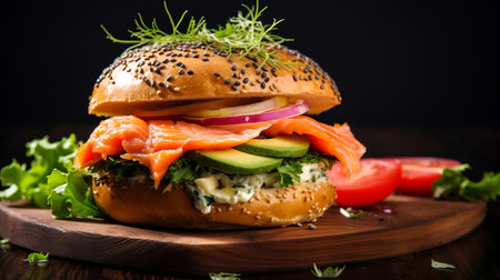 Bagel with salmon and avocado. Selective focus. AI generated.の素材