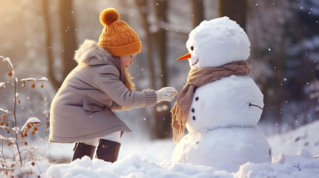 A little girl in warm winter clothes and a snowman against the backdrop of a winter forest. Selective focus. Generated AI.の素材
