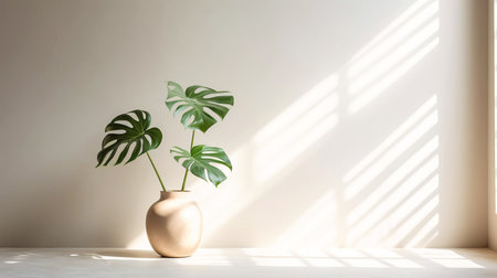 Houseplant monstera in a flower pot in a lit room. Copy space. AI generated.の素材