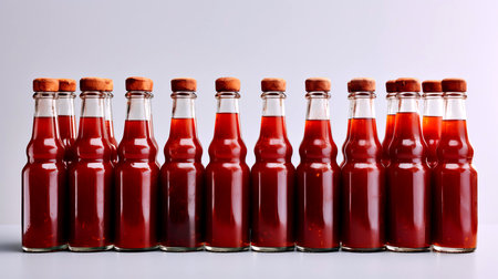 Glass transparent bottles with homemade tomato sauce, light background. AI generated.の素材
