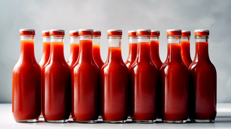 Glass transparent bottles with homemade tomato sauce, light background. AI generated.の素材