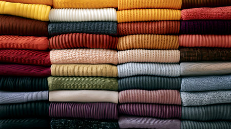 Warm woolen sweaters stacked in a row in a store or market. AI generated.の素材
