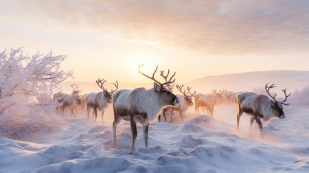 Reindeer against the backdrop of a tundra landscape. AI generated.の素材
