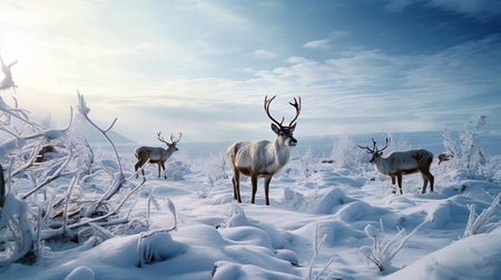 Reindeer against the backdrop of a tundra landscape. AI generated.の素材