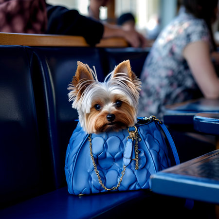 Cute Cute cute Yorkshire terrier in his owner's blue bag in a cafe. Favorite pets concept. AI generated.の素材