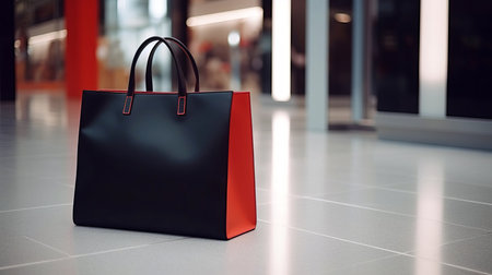 Black and red shopping bag on the floor in a shopping center. Black Friday mood, discounts and sales concept. AI generated.の素材