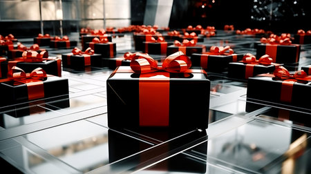 Black and red gift boxes on the floor in a shopping center. Black Friday mood, discount and sale concept. AI generated.の素材