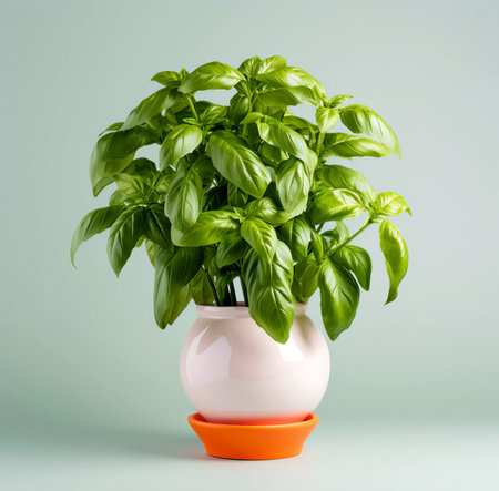Basil in a flower pot. AI generated.の素材