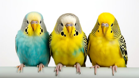 Close-up of three cute tame budgies next sitting to each other on a perch. AI generated.の素材