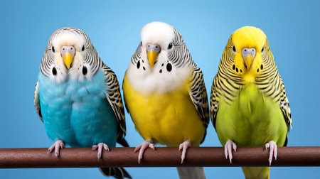 Close-up of three cute tame budgies next sitting to each other on a perch. AI generated.の素材
