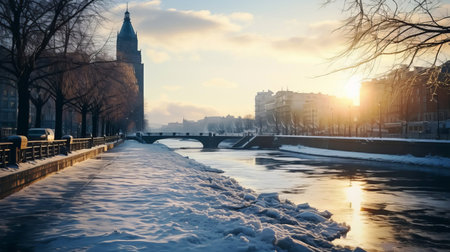 Winter city landscape at dawn. AI generated.の素材