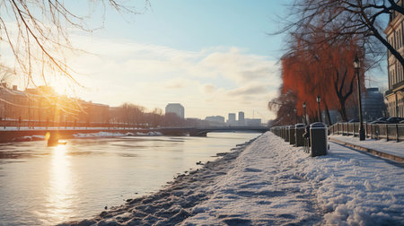 Winter city landscape at dawn. AI generated.の素材