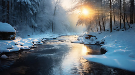 Winter forest landscapewith river. AI generated.の素材