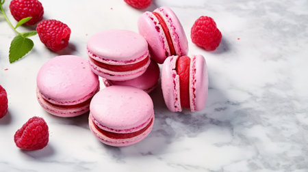 Pink macaroons lie on a marble surface with raspberries. AI generated.の素材