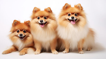 Close-up of three cute German Spitz dogs sitting next to each other. AI generated.の素材